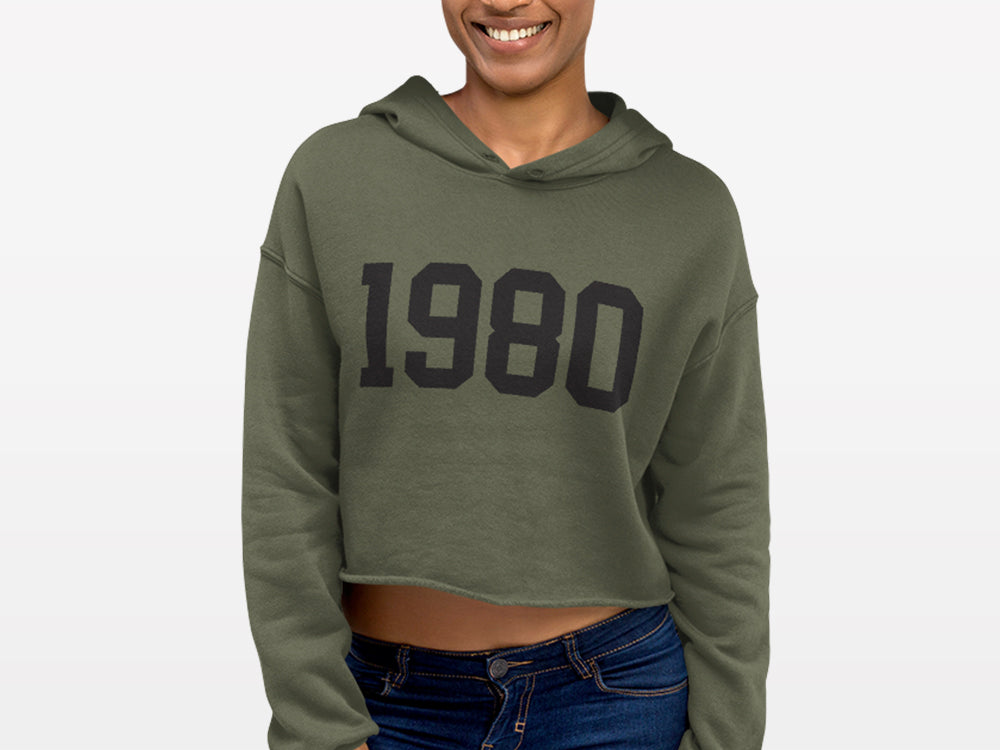 military green with black print birth year cropped hoodie 1980