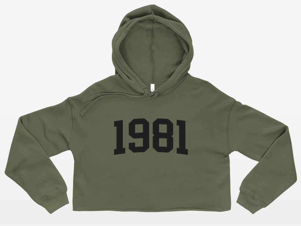 military green with black print birth year cropped hoodie 1981