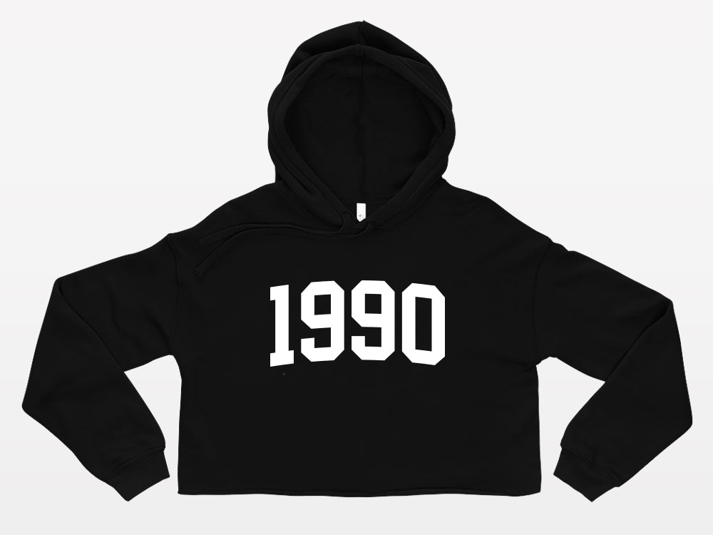 black with white print birth year cropped hoodie 1990