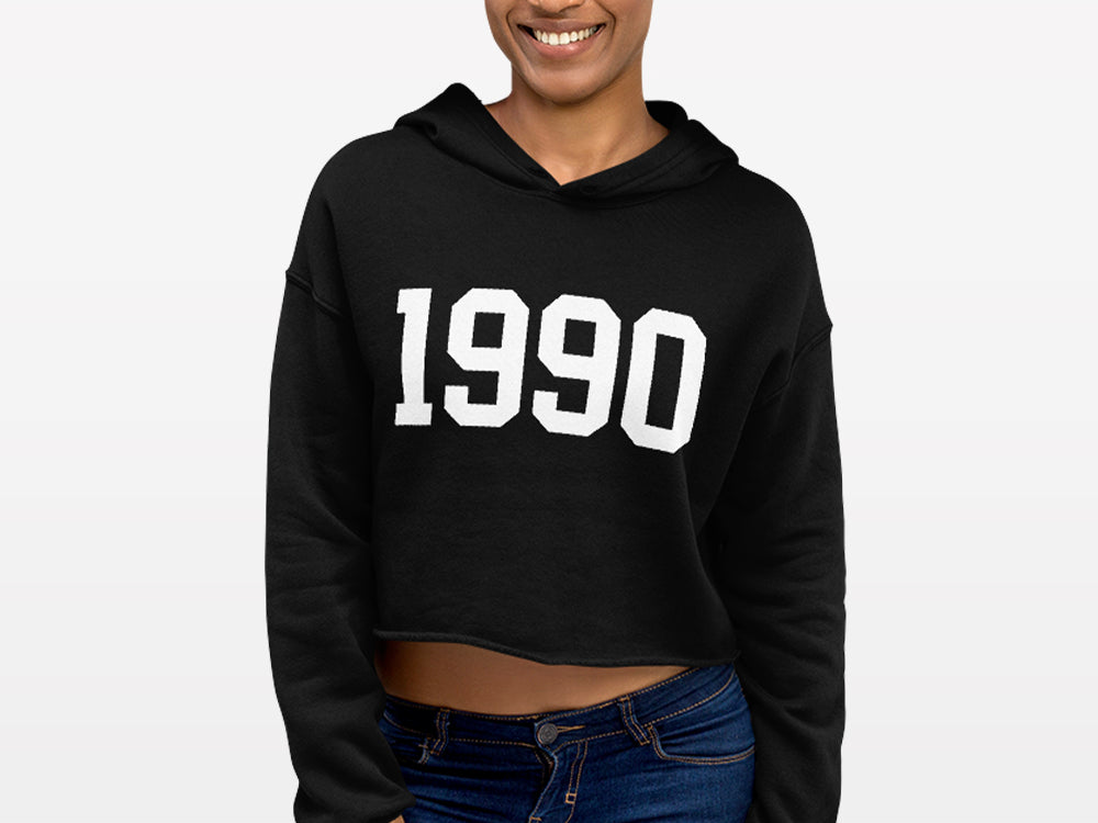 black with white print birth year cropped hoodie 1990