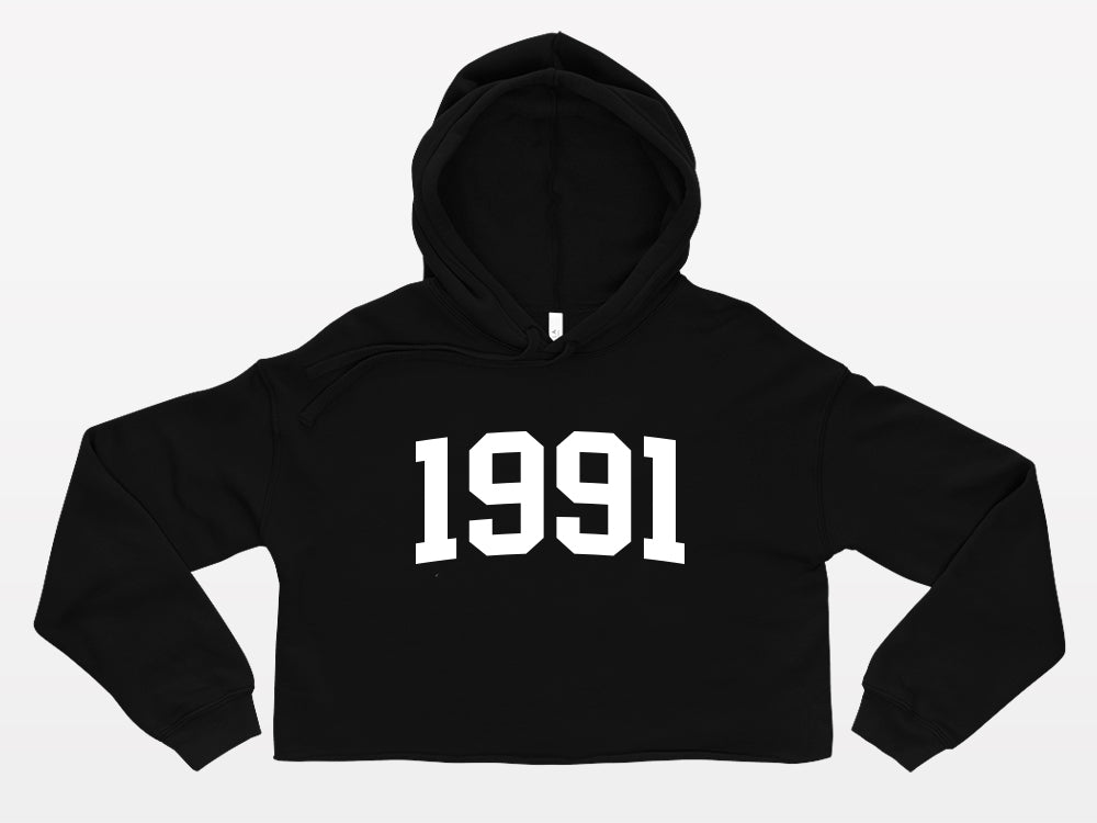 black with white print birth year cropped hoodie 1991