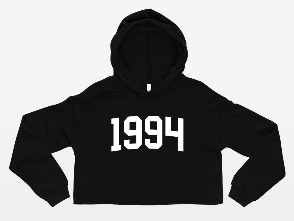 black with white print birth year cropped hoodie 1994