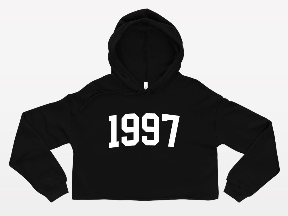 black with white print birth year cropped hoodie 1997