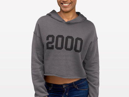 lifestyle image gray birth year cropped hoodie with black print