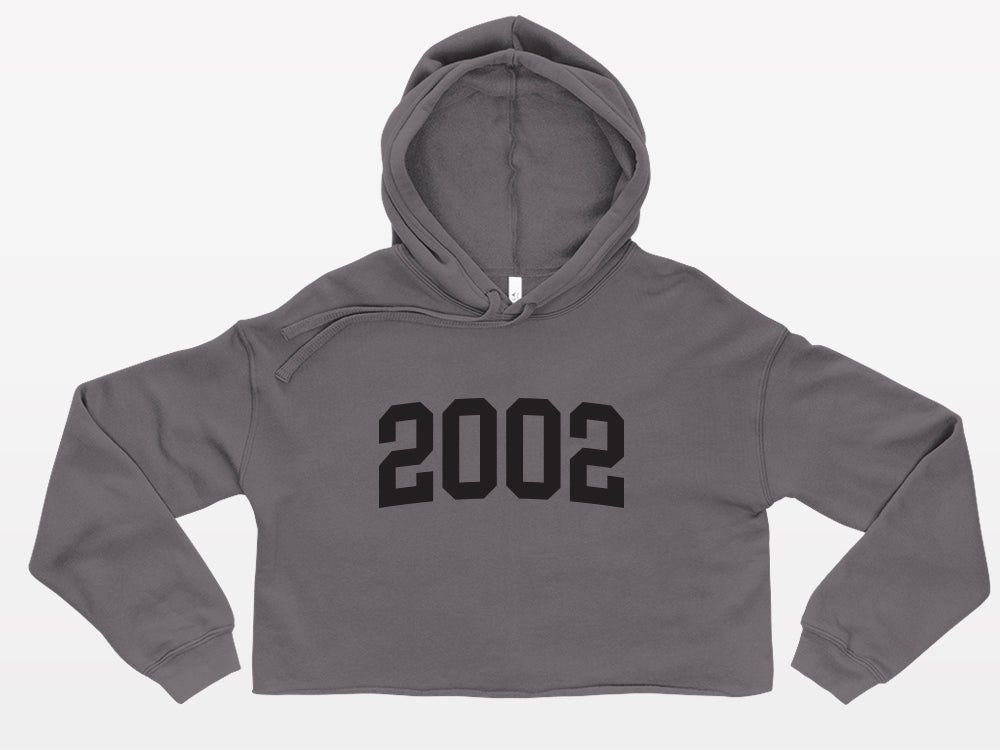 gray with black print birth year cute trendy cropped hoodie 2002