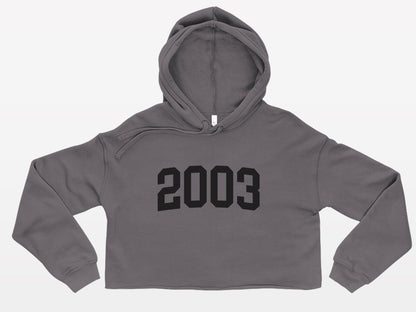 gray with black print birth year cute trendy cropped hoodie 2003