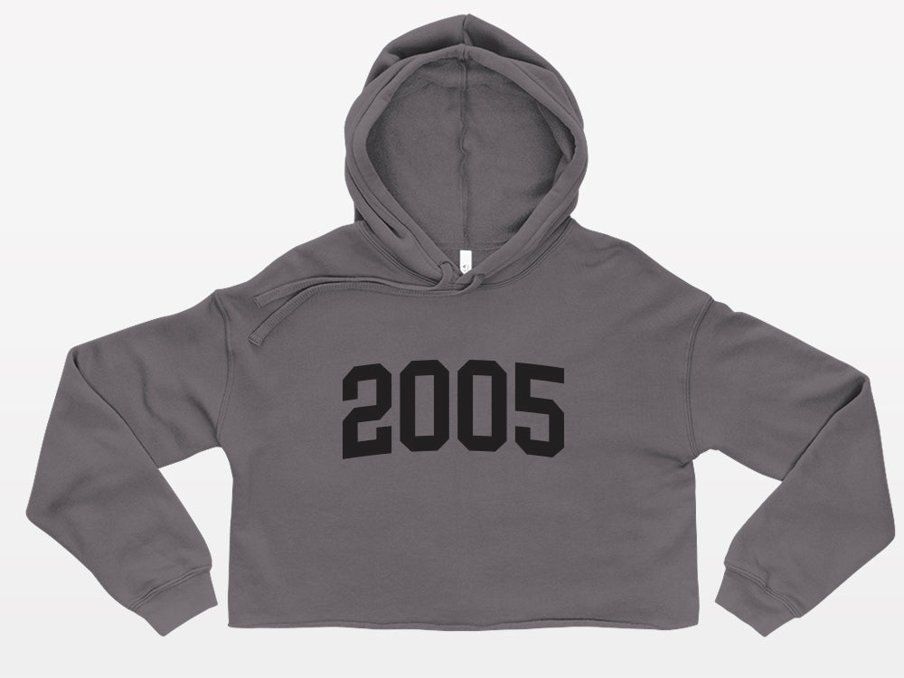 gray with black print birth year cute trendy cropped hoodie 2005