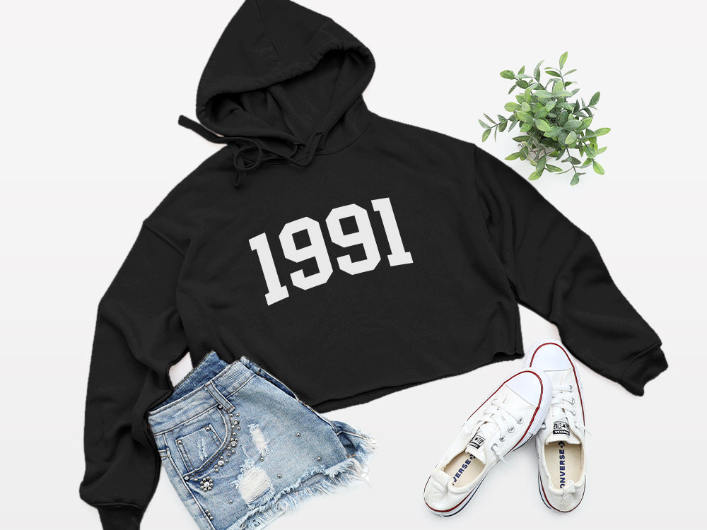 black with white print birth year cropped hoodie 1991