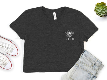 Charcoal gray Embroidered Cropped Tee Shirt with Honey Bee and the word Kind