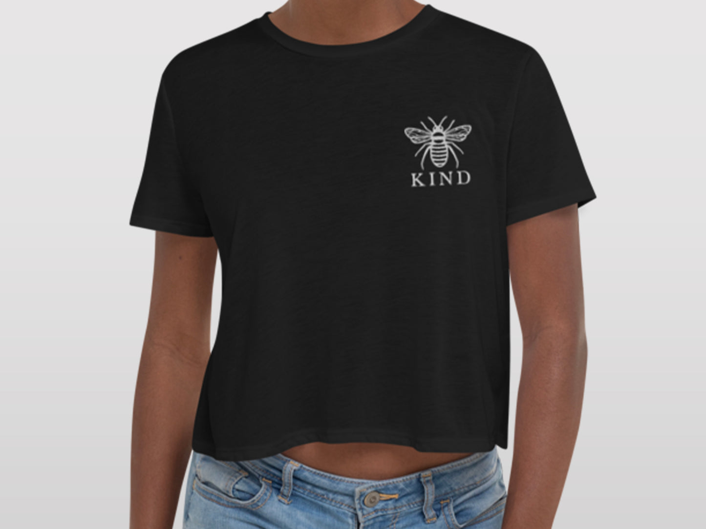 Black Embroidered Cropped Tee Shirt with Honey Bee and the word Kind