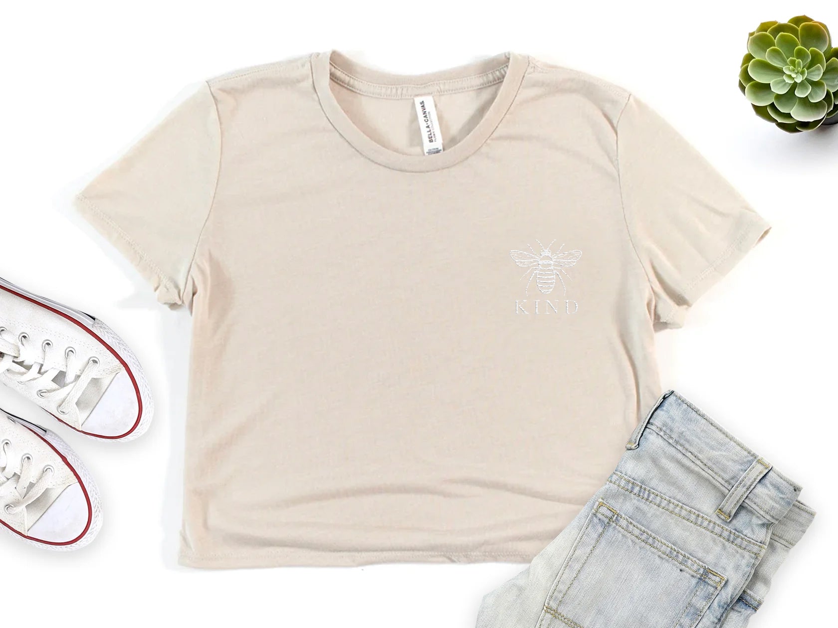 Neutral Embroidered Cropped Tee Shirt with Honey Bee and the word Kind