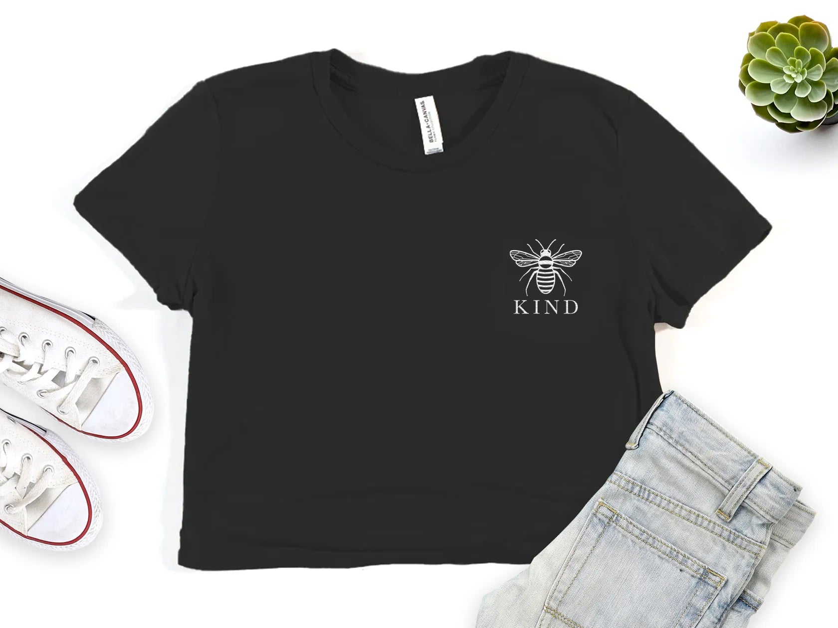Black Embroidered Cropped Tee Shirt with Honey Bee and the word Kind