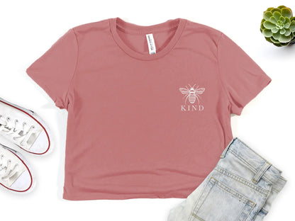 Mauve Pink Embroidered Cropped Tee Shirt with Honey Bee and the word Kind